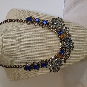 Large statement necklace rhinestones brass colored chain